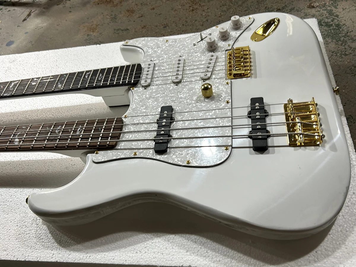 High Quality Double Neck White 4+6 Strings Electric Bass And Guitar Gold Hardwares Flower Fret Inlay Factory Customizable