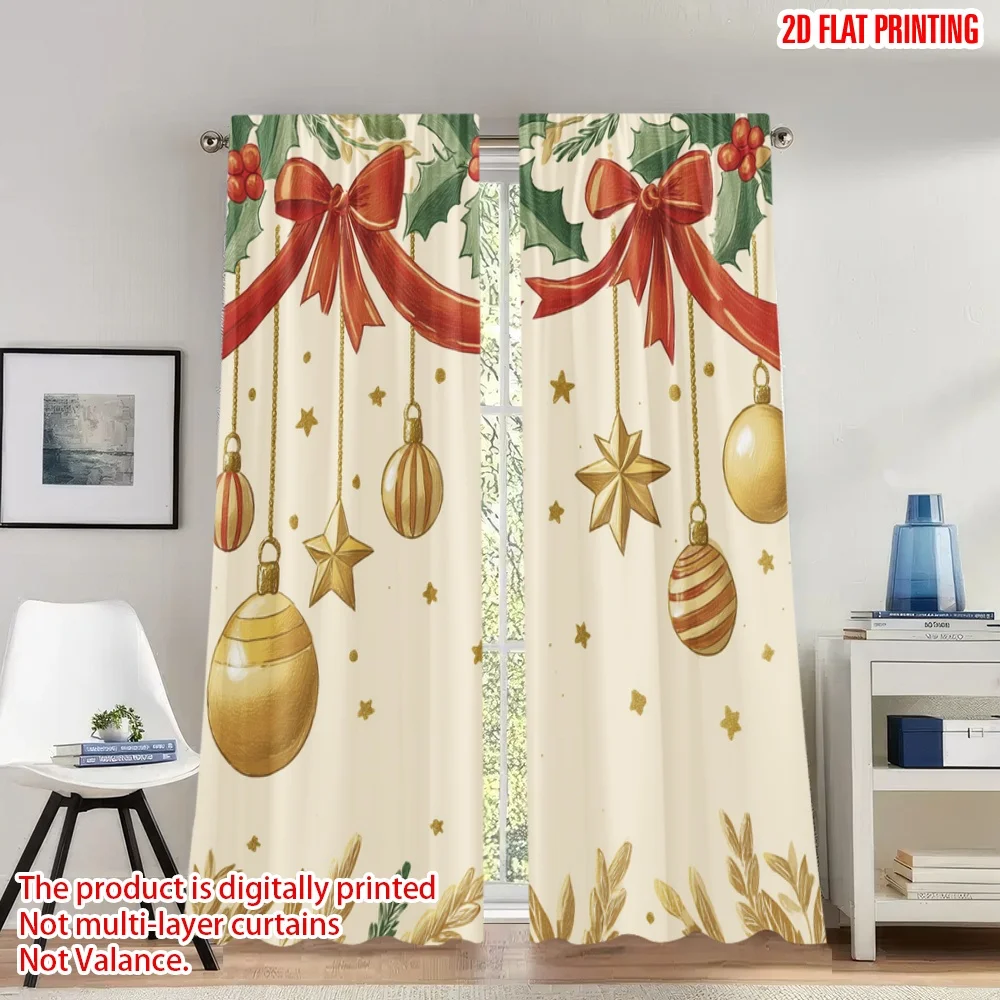 

2pcs 2D flat printing Happy Christmas fashion curtains Christmas Holly Bow Stars Ornament Digital Printed Polyester Drapes