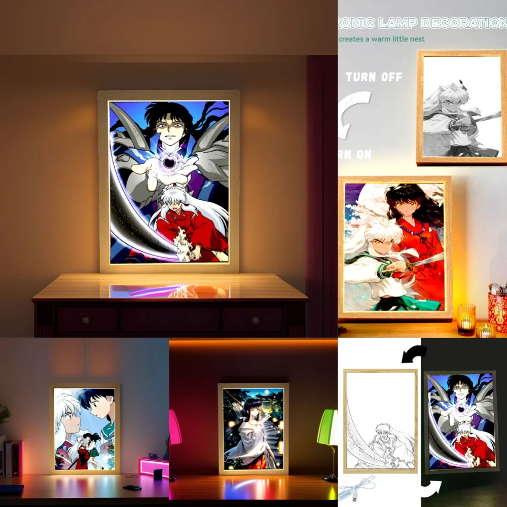 Anime Figure Inuyasha Light Painting Photo Frame Led Night Light Home Bedroom Bedside Table Decoration Christmas Gifts Moon Lamp