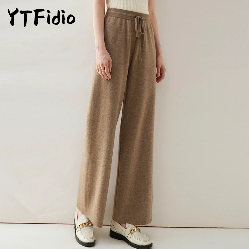 YTFidio 100% Cashmere Women Thickened Wide Leg Pants Ladies High Waist Wide Leg Pants Casual Knitted Trousers Loose Pants 56