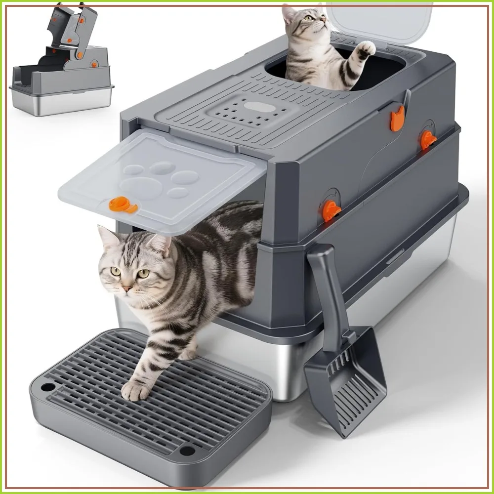 Stainless Steel Litter Box with Lid, Large Enclosed Cat Litter Box for Big Cats, Front & Top Entry, Odor Free, Anti-Leakage, Grey