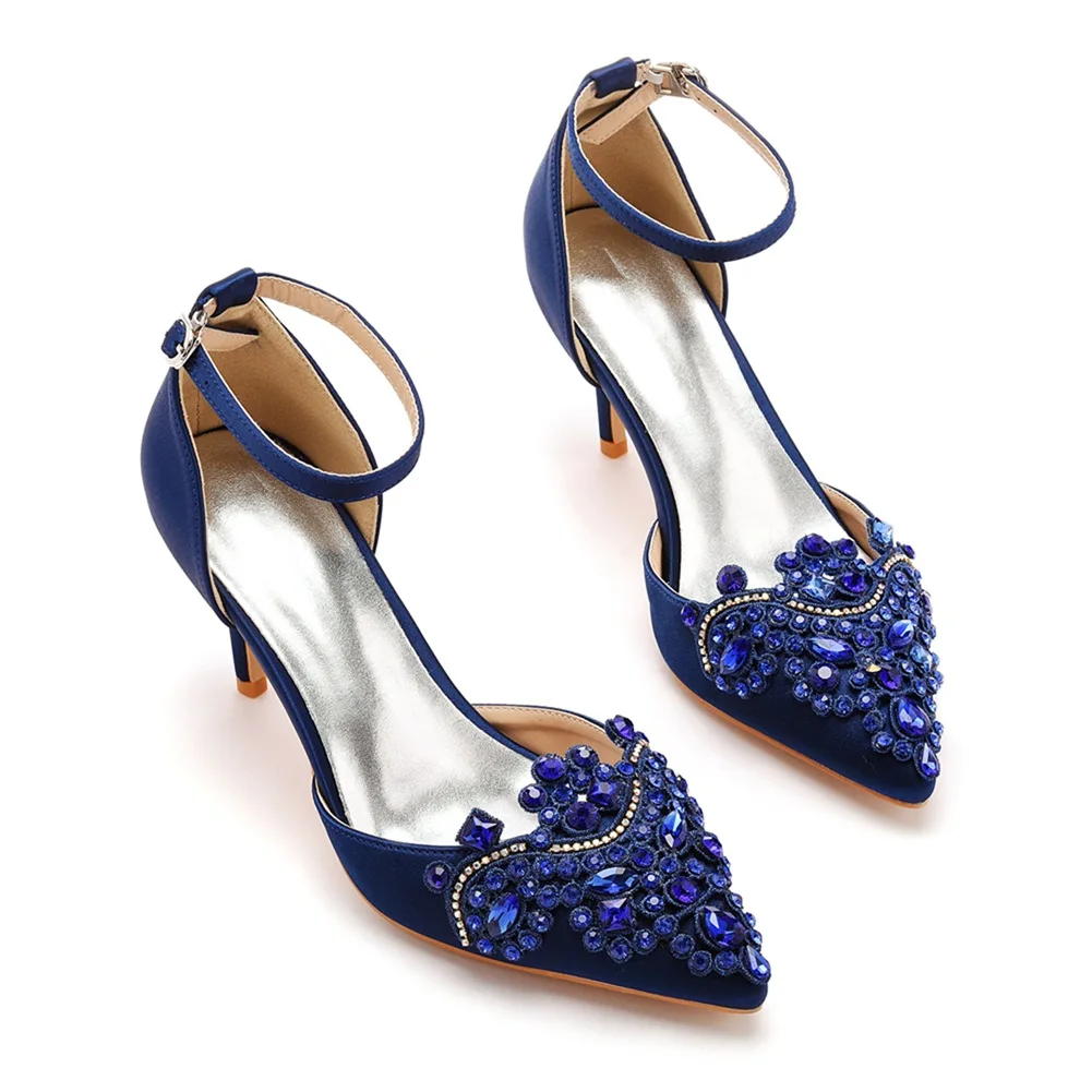 Sandálias de salto alto para mulheres, Bombas de dedo apontado, Sapatos Slingback Designer, Salto Azul Marinho, Sapatos noturnos para noivas, Sapatos de casamento