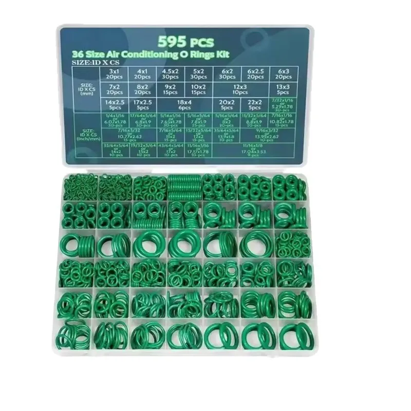 595Pcs Green Rubber O‑Ring Repair Kit Automotive Air Conditioning Waterproof Seal Gasket Assortment Set for Auto Maintenance