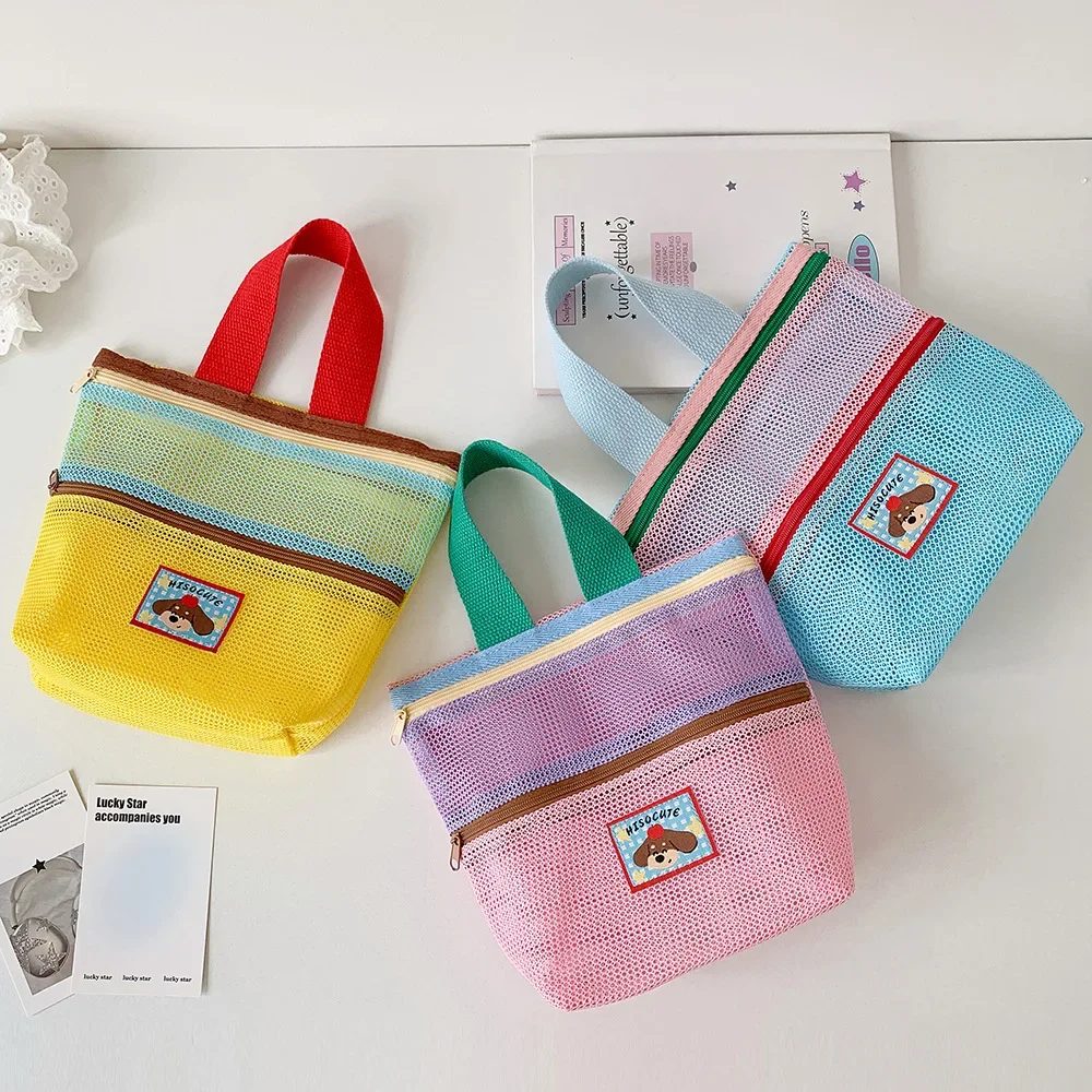 Damen-Kosmetiktasche aus Mesh mit Farbblock-Design, Tragegriff und süßem Applikationsmotiv, kleine Kosmetiktasche für die Aufbewahrung von Reiseutensilien im Alltag – Detail 9