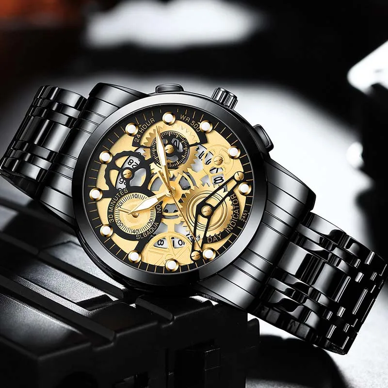 Cool Hollow Men Quartz Wristwatches Gold Luxury Waterproof Sports Watches Male Business Calendar Stainless Steel Man Watch Reloj