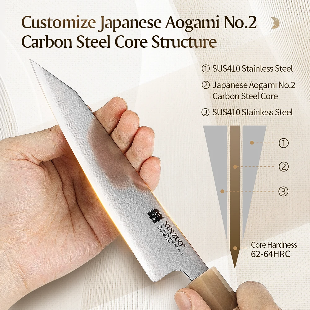 XINZUO 5.9‘’Bunka Knife High Hardness HRC64 JapaneseAogami No.2 Handmade Water Grinding Razor Sharp Flat Edge Slicing Knife