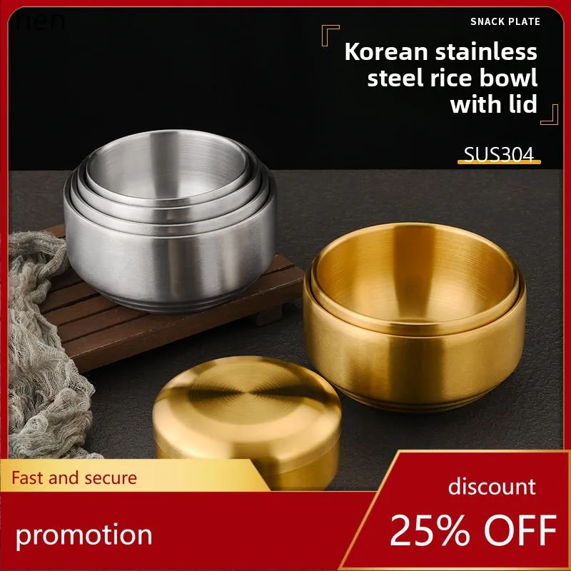 Tazón de arroz YFY de doble capa de acero inoxidable con tapa - tazón creativo para sopa para uso doméstico, cocina coreana para niños y tazón para kimchi