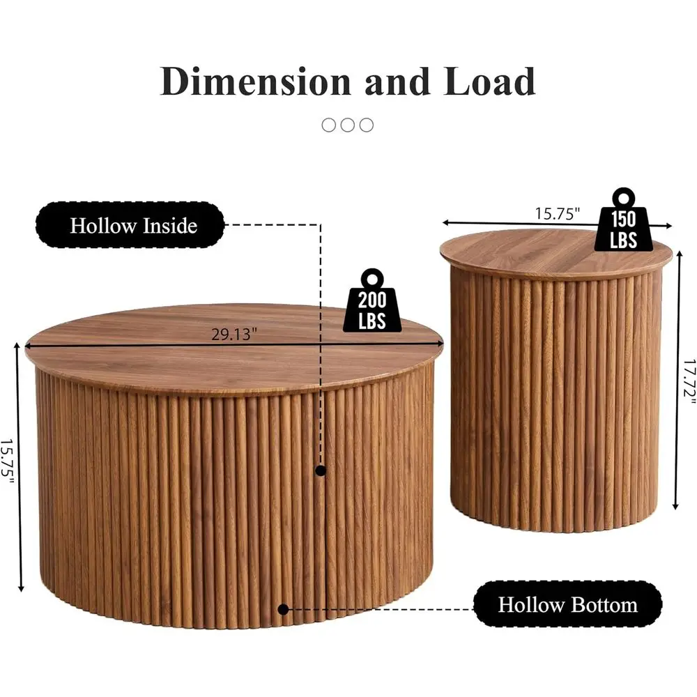 Round Nesting Coffee Table Set of 2 Circle Center Table Living Room | Century Modern Wood Coffee Tables and End Table Set, Wood