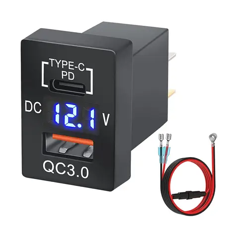 Adaptador de corriente de enchufe de cargador de coche USB C de carga rápida 3,0 y PD de 12/24V con voltímetro LED Digital para vehículos Toyota