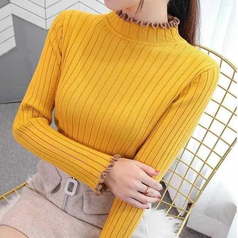 Suéter De punto para Mujer, jerséis nuevos De manga larga con cuello con volantes, suéter De punto, Tops para Mujer, suéteres, suéteres De Mujer Q1167