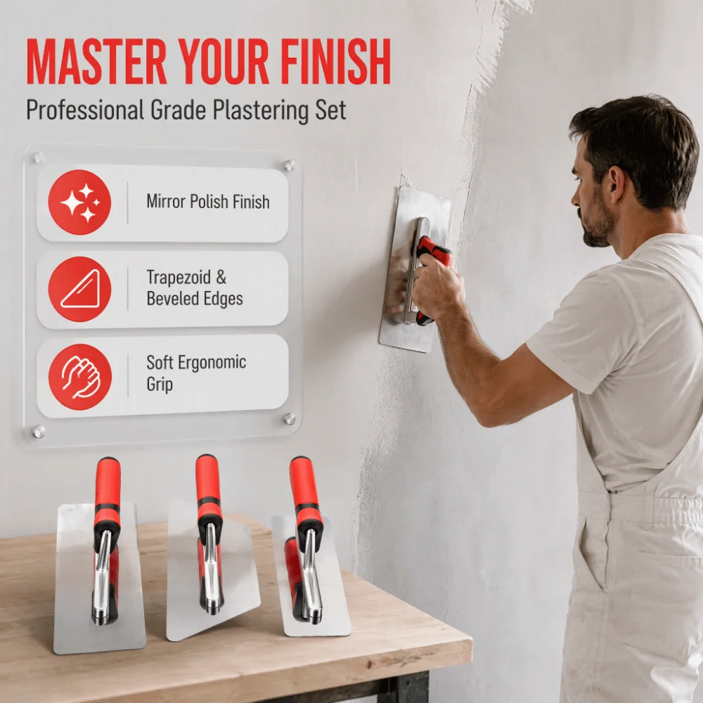3pcs Polished Finishing Trowel Set Stainless Steel Rubber Handle Plastering Trowel Set Paint Plastering Tool Ergonomic Handles