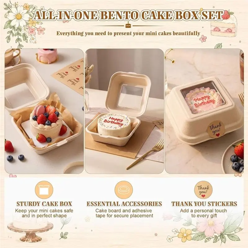 AB42-50 Set Bento Cake Box Clamshell Container Kit With Window For Birthdays, Weddings, Baby Showers, Holidays