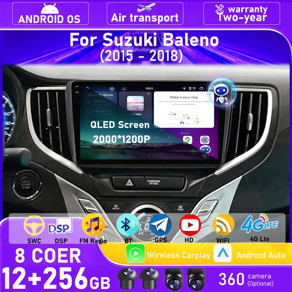 Wireless Carplay For Suzuki Baleno 2015 - 2018 Android 16 Auto Car Radio Multimedia Player GPS Navigation QLED Touch Screen 9''