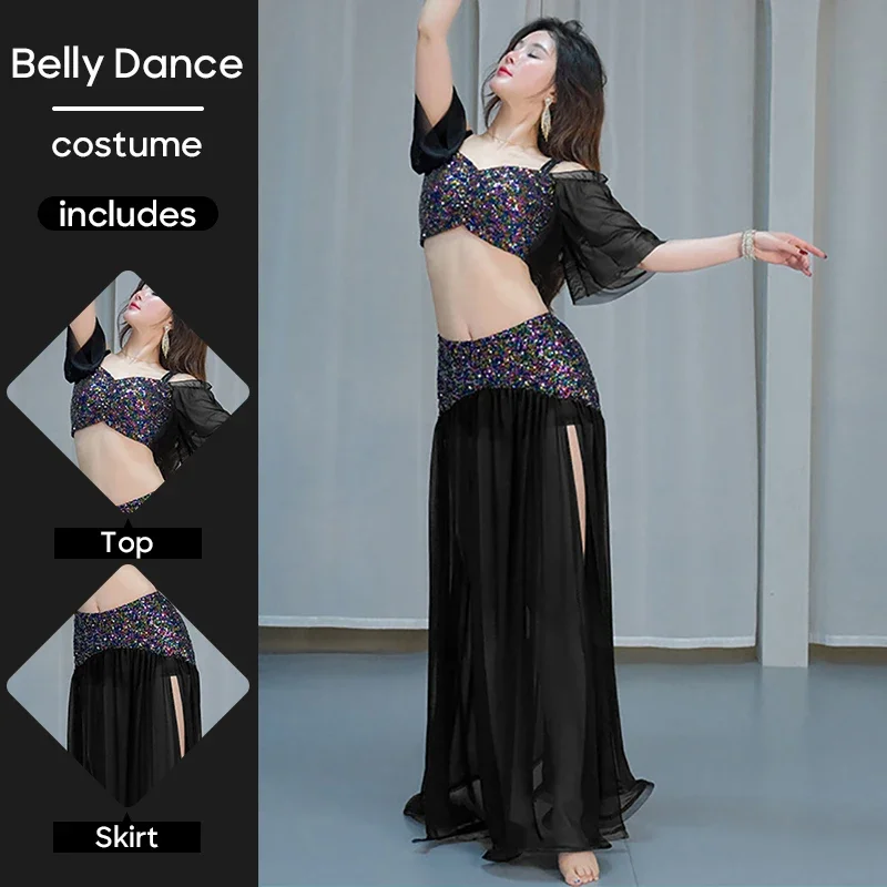 

Костюм для танца живота, комплект одежды для женщин, топ и юбка, сетчатая одежда с блестками и короткими рукавами для взрослых, одежда для сценических выступлений