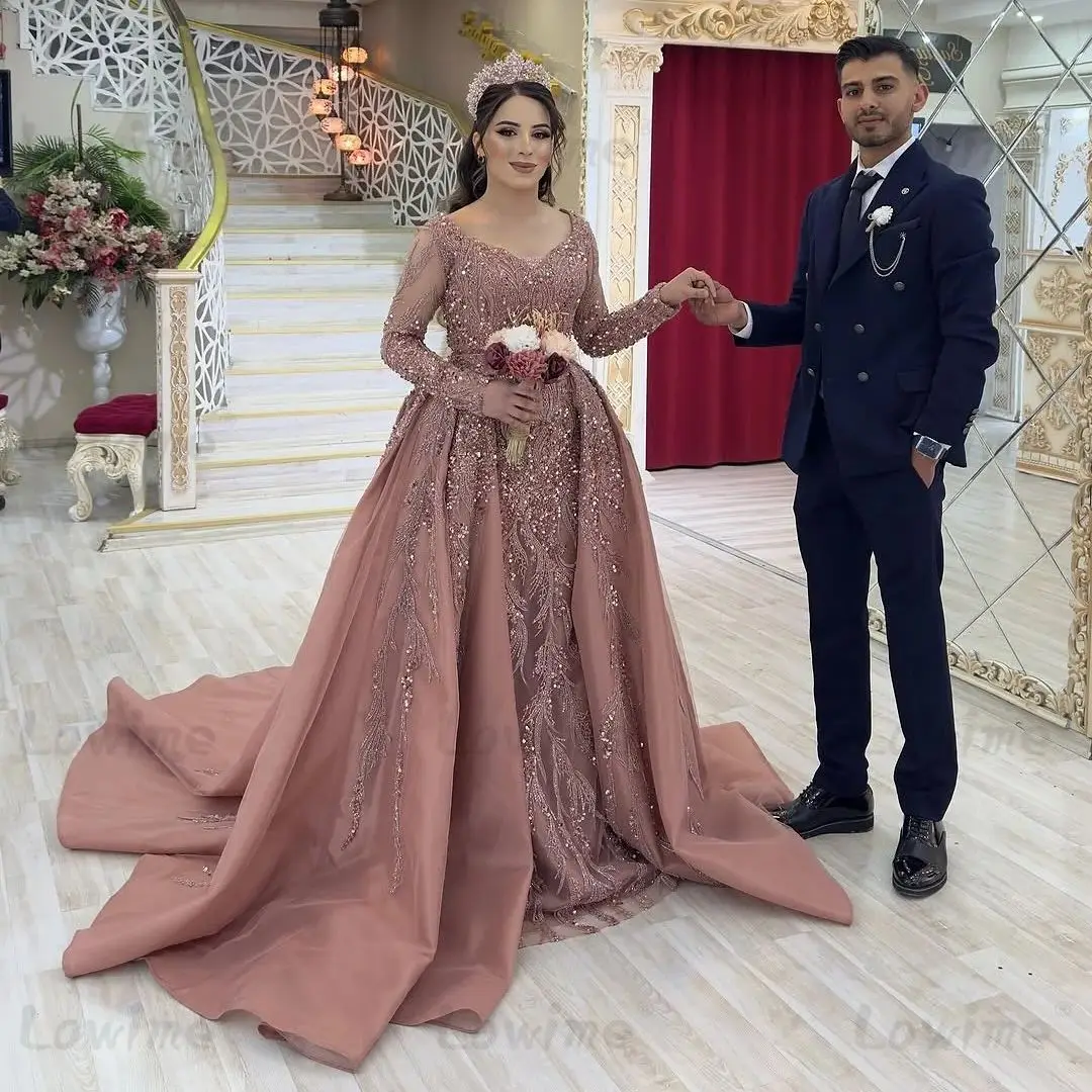 2025 Vestido de fiesta de desfile rosa Vestidos largos de fiesta personalizados con falda desmontable Vestidos de noche árabes de sirena con cuentas y lentejuelas