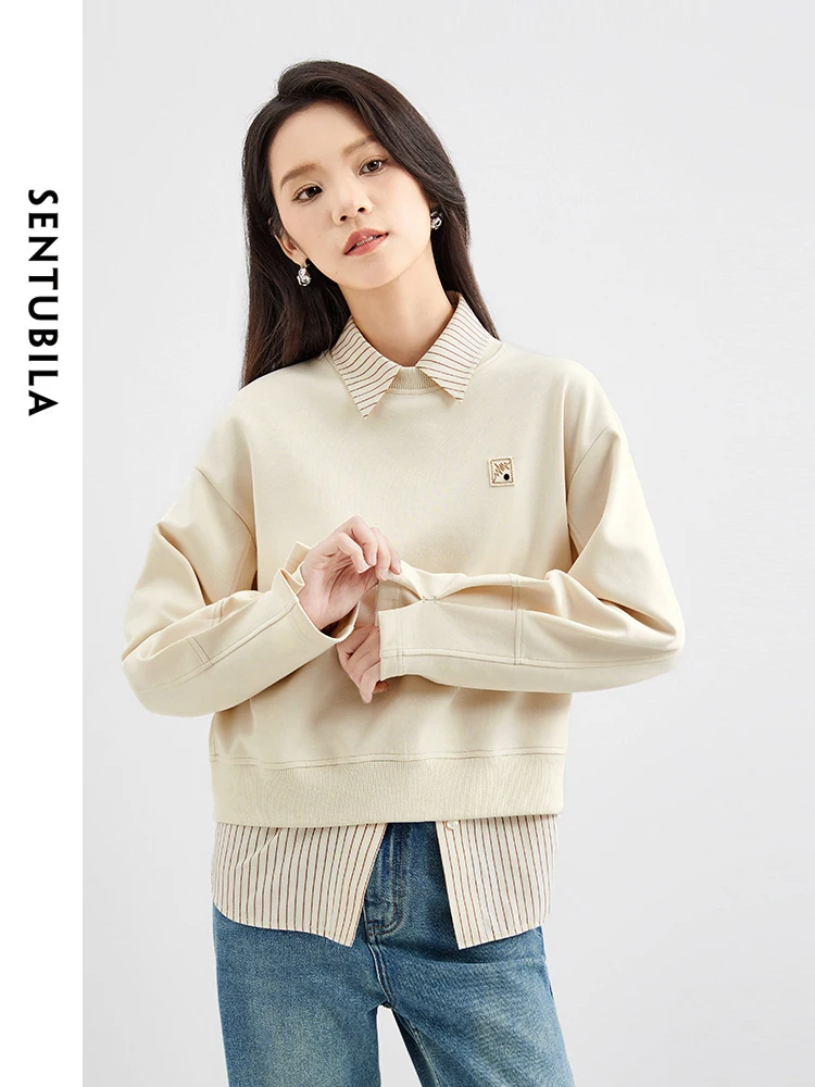 SENTUBILA Apricot Simple Round Neck Sweatshirt Woman 2024 Spring Straight Casual Pullovers Women\'s Long Sleeve Top 141A52744