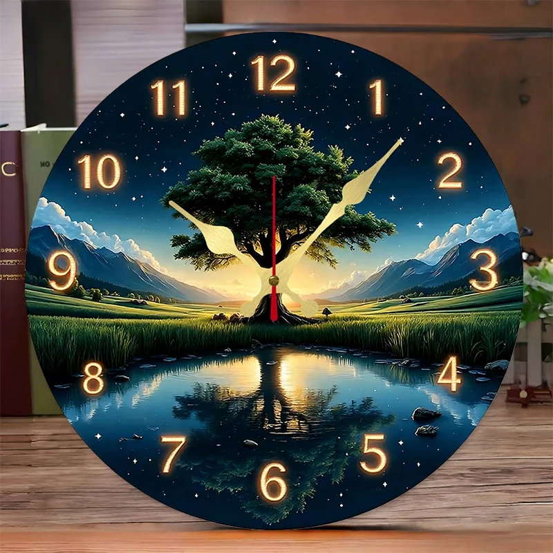 Orange Starry Sky Wooden Round Silent Hanging Wall Clock, Suitable For Living Room, Office, Study Room, Bedroom, Home Decoration