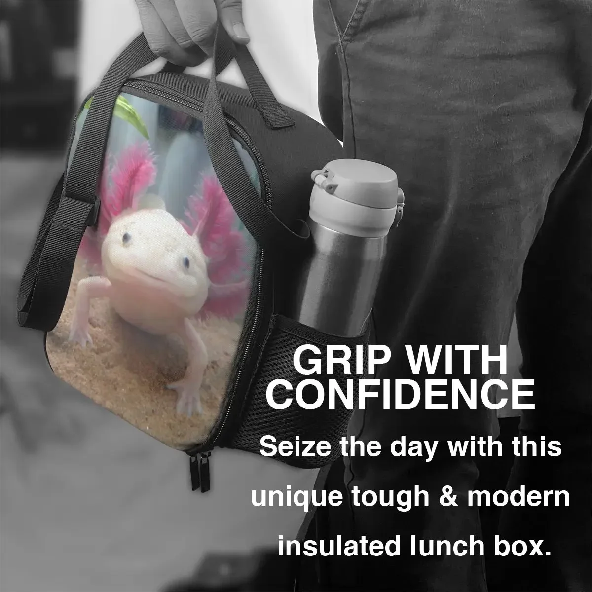 Smiling Leucistic Axolotl Insulated Lunch Bags Women Salamander Animal Portable Thermal Cooler Food Bento Box Work School Travel