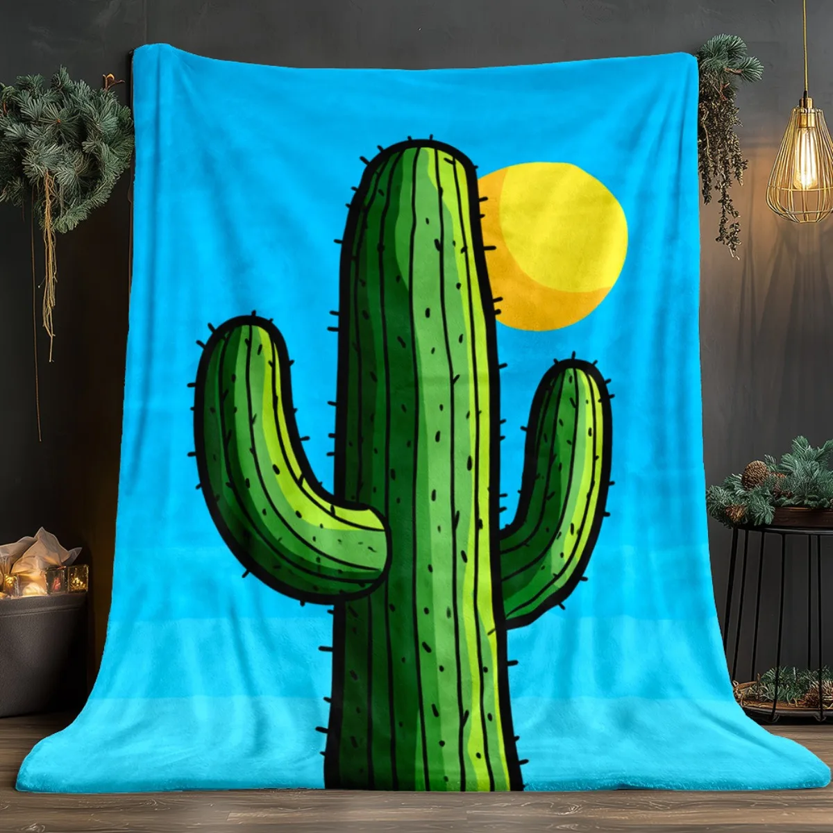 Sunrise Cactus Garden Flannel Blanket Soft Green Blue Design All Season Cozy Comfort for Home Decor Desert Theme Gift