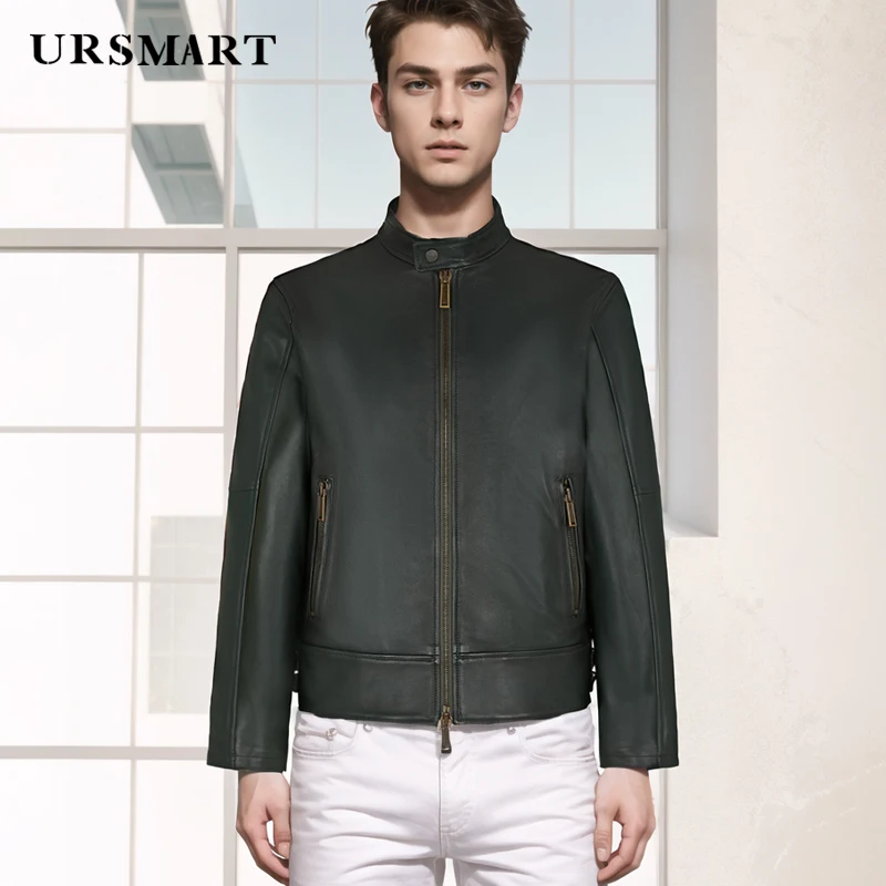 Genuine leather standing collar men's jacket British fashion handsome casual sheepskin custom size short jacket