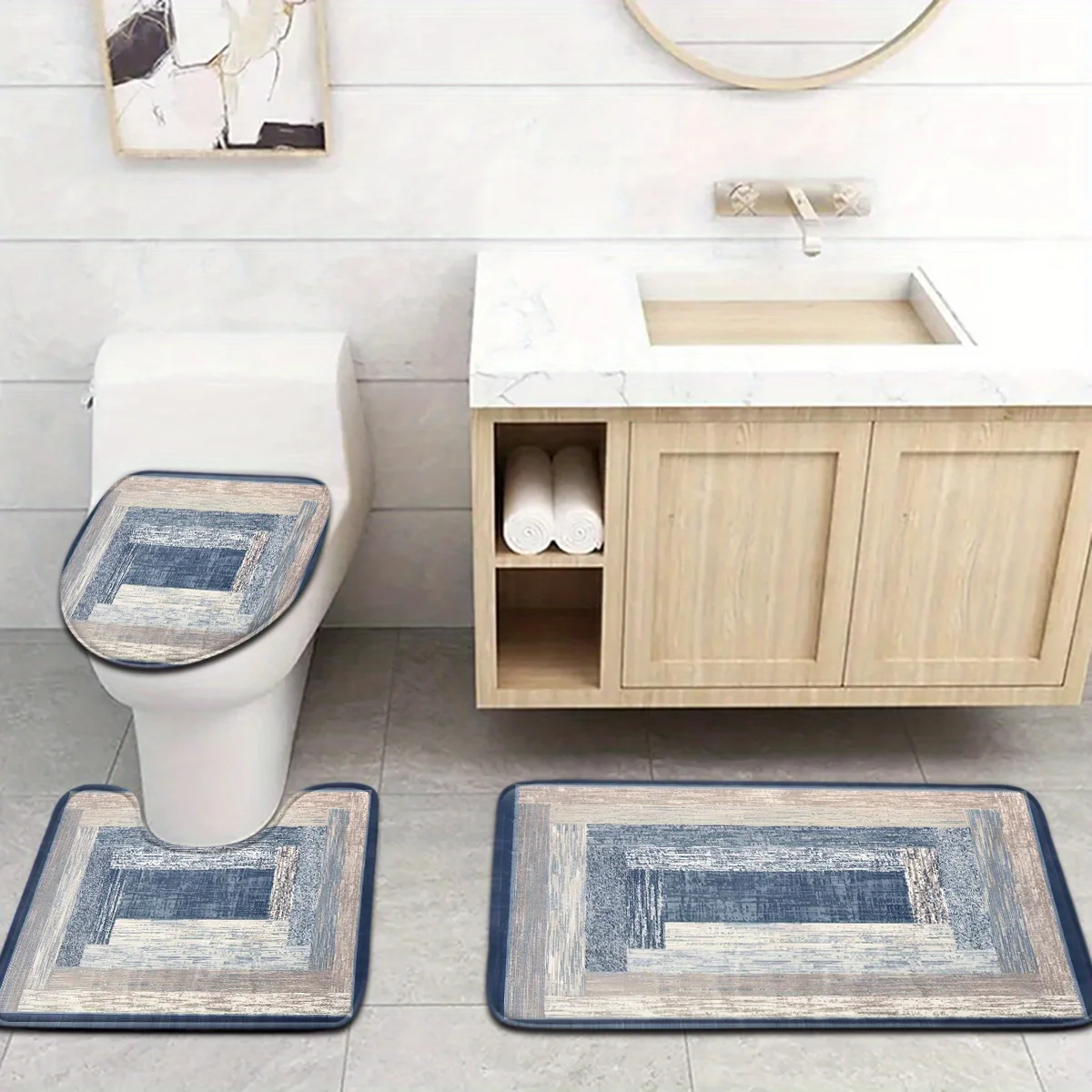 

Open 3pcs Simple Series Gradient Blue Saddle Pattern Bathroom Mat Set Toilet Seat Ring U-shaped Foot Mat
