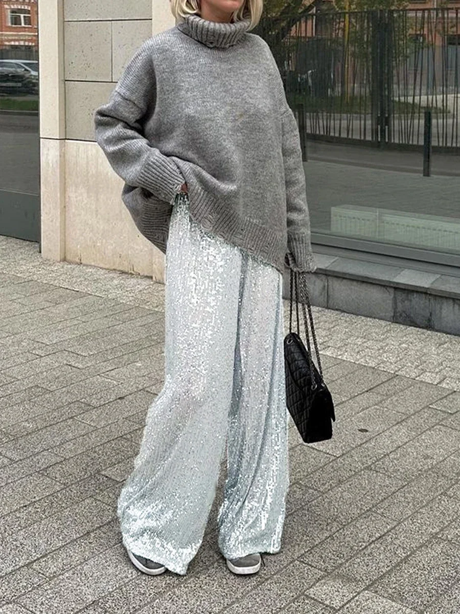 Women Fashion Vintage Sequins Wide Leg Pants Shiny Loose Casual Elastic High Waist Trousers for Work Office Streetwear