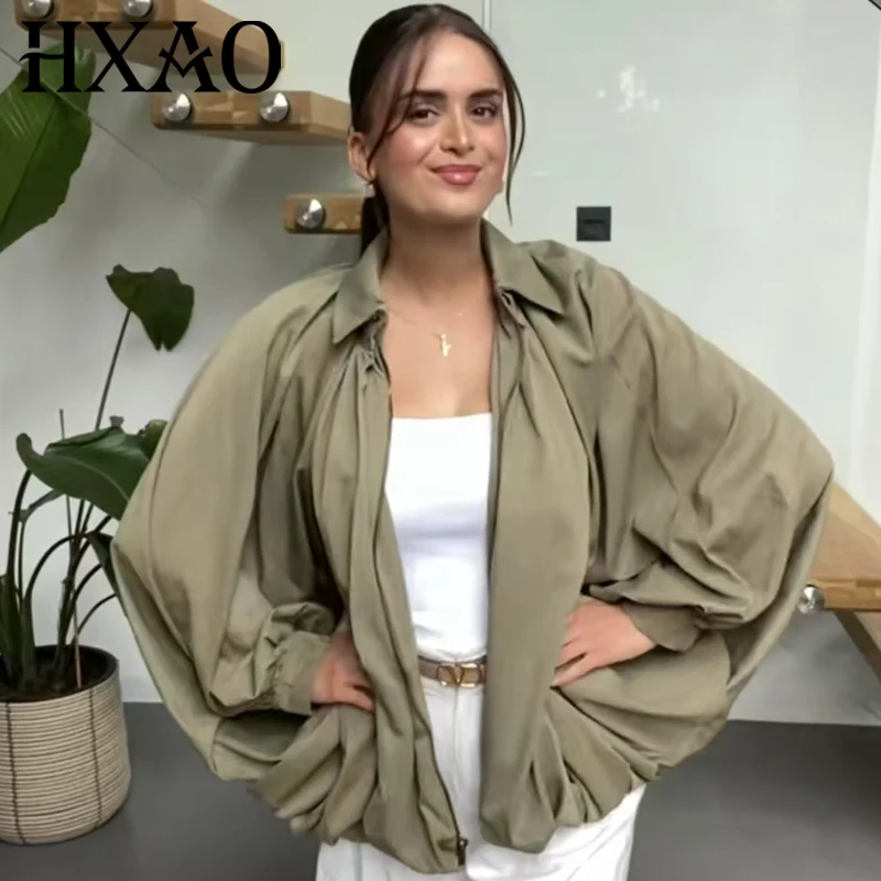 

HXAO Women's Loose Bomber Jacket Spring Summer Outerwears Green Off White Puff Oversized Jacket Woman Plus Size Long Sleeve Coat