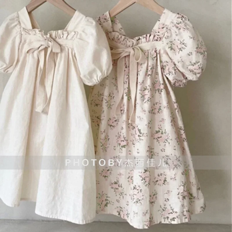 Ins Korean Version Summer Dress Doll Dress for Girls and Babies, Bow, Bubble Sleeves Princess Dress, Floral Square Collar Dress