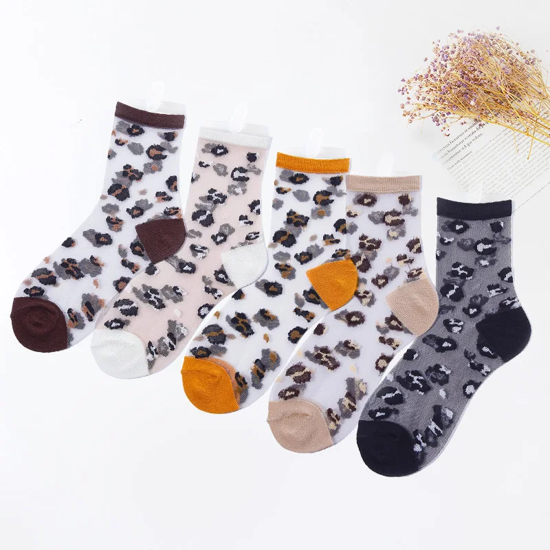 Fashion Spring Summer Transparent Crystal Silk Socks Women Sexy Leopard Grain  Casual Breathable Calcetines Mujer