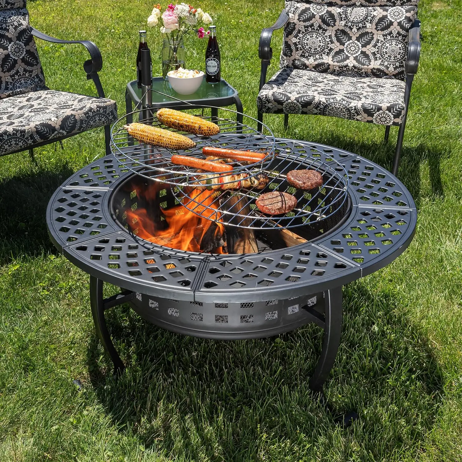 

Fire Pit with Grill - 37” Round Fire Table Outdoor Firepit with 2 Grills, Lid, Poker and Cover - Fire Pits for Outside Wood