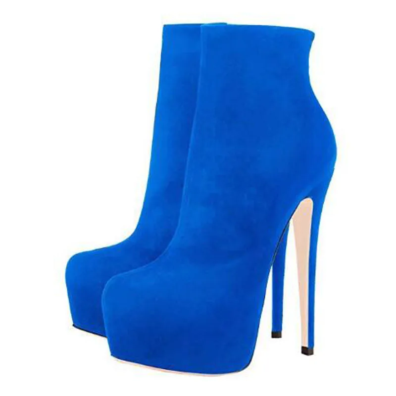 

Hot Women Sky Blue Red Burgundy Solid Suede Round Toe Platform Zipper Side Super Thin Heels Ankle Boots Lady Party Short Booties