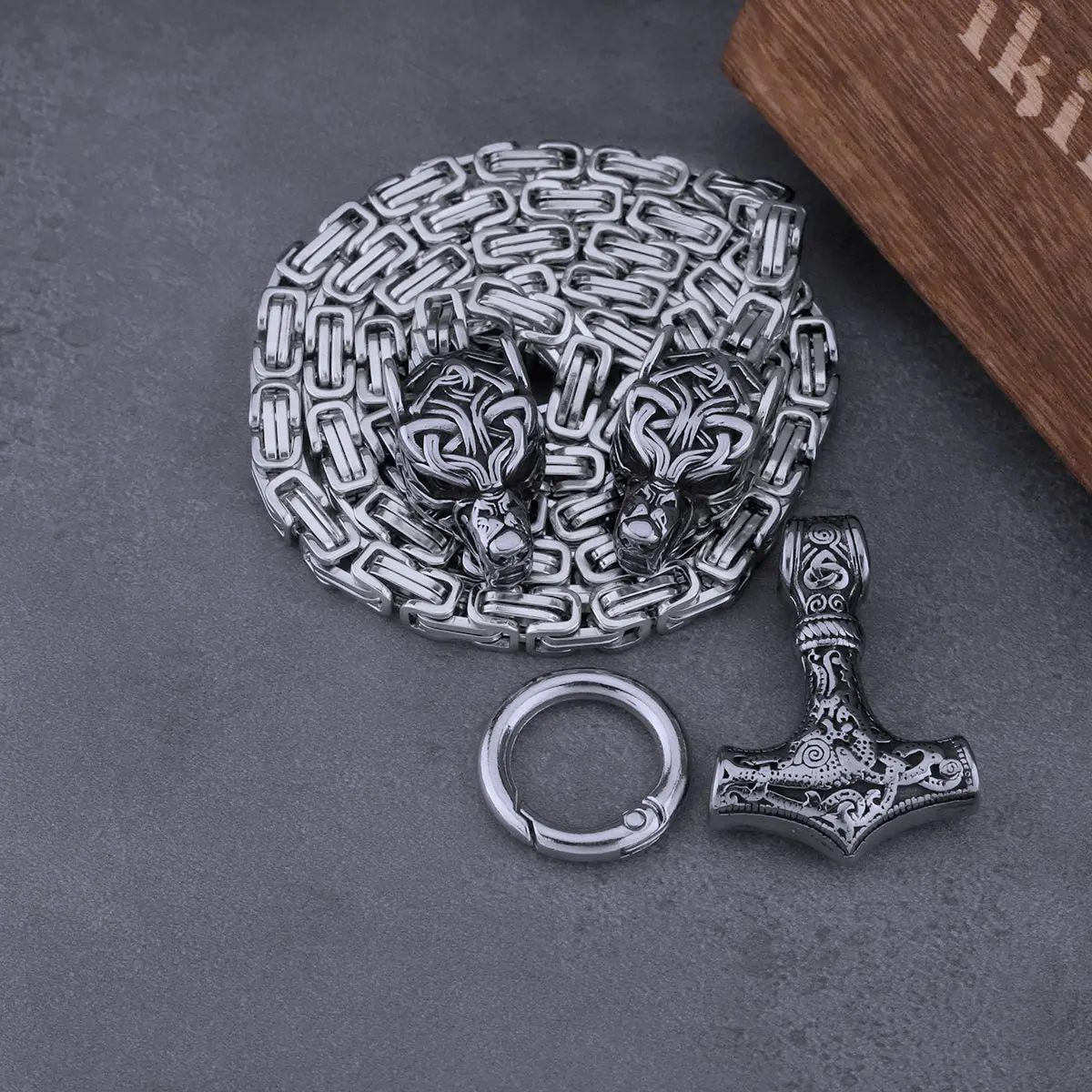 Viking Stainless Steel Wolf Head Thor's Hammer Necklace Men Punk Hip Hop Thick Chain Necklace Nordic Amulet Rune for Boyfriend