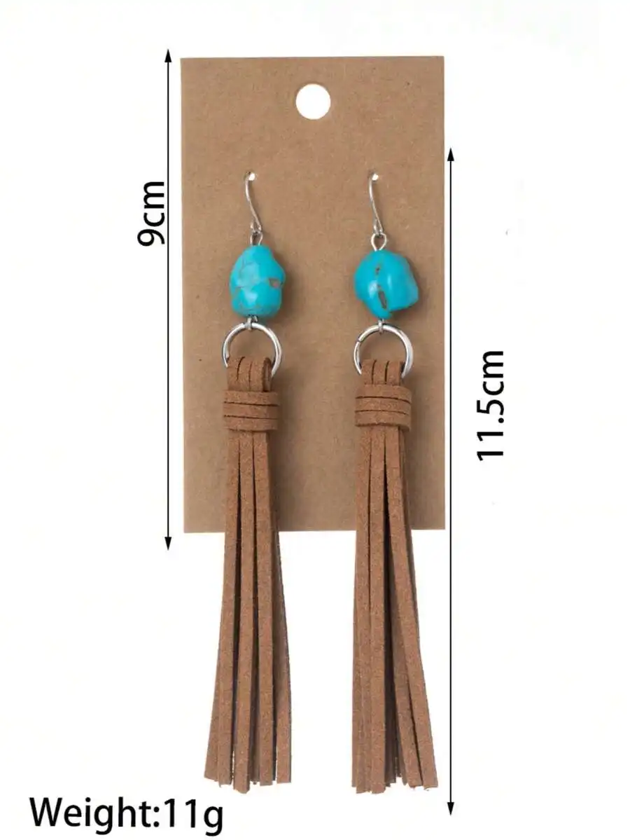 

Retro Alloy Earrings With Turquoise Stone And Brown Suede Tassel For Women