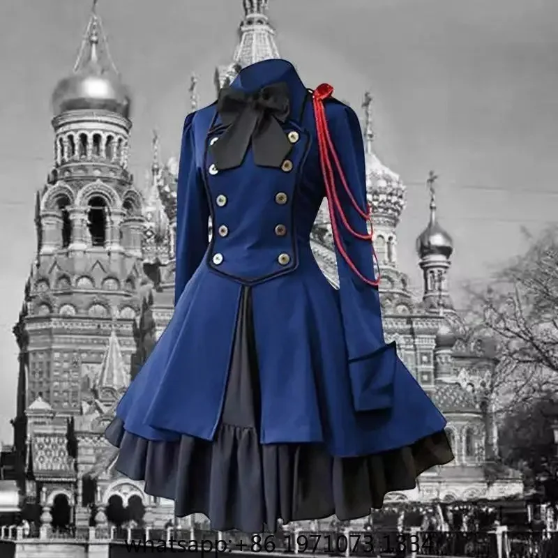 Medieval Retro Gothic Black Lace Up Chain Bow Lolita Coat Long Sleeves Ruffle Classic Lolita Dress Slim Knee Length Cosplay Clot