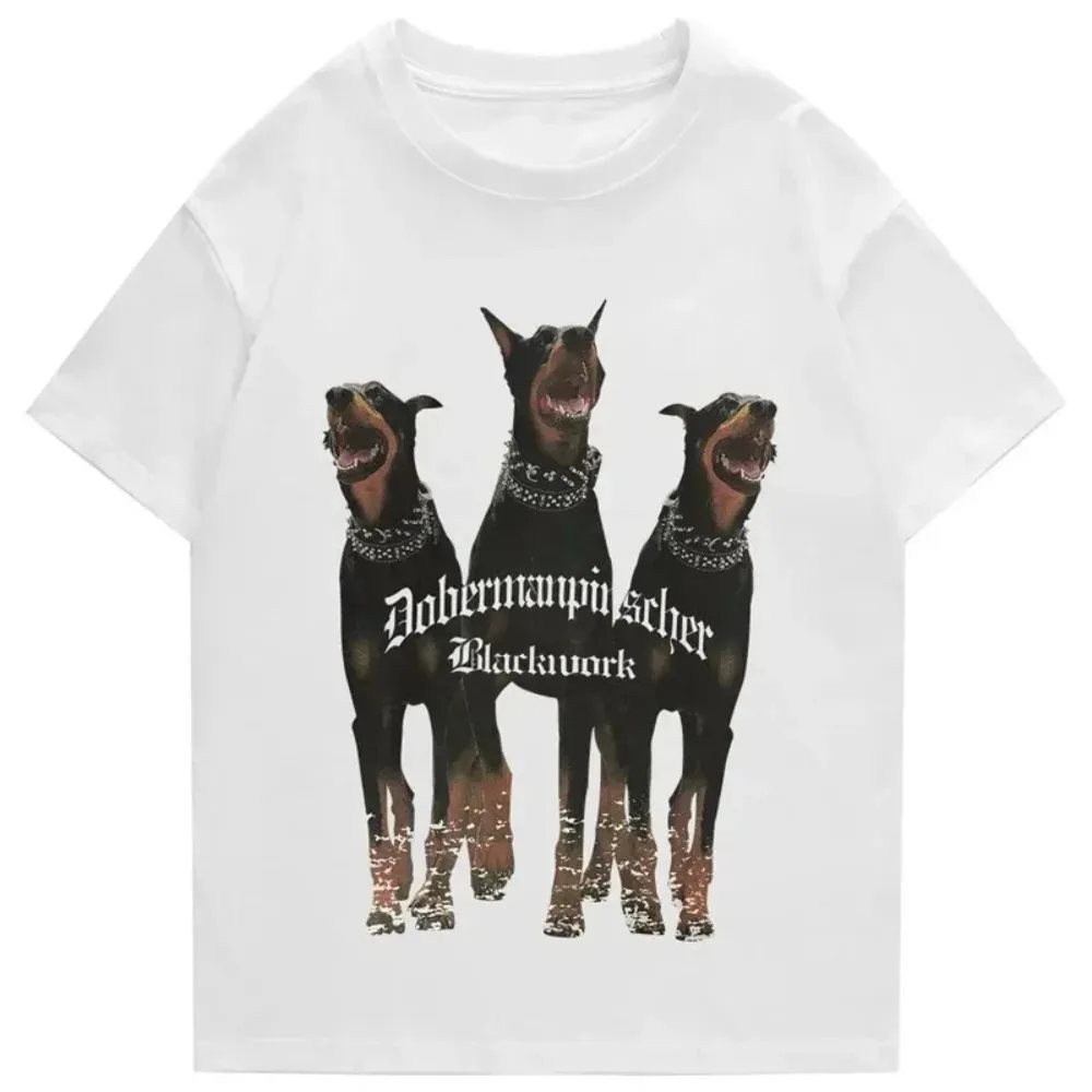 Retro Doberman Pattern Printed Knitwear Large Street Parent Child Fashion Cotton Loose Men's T-shirt Hip Hop Women's T-shirt Top