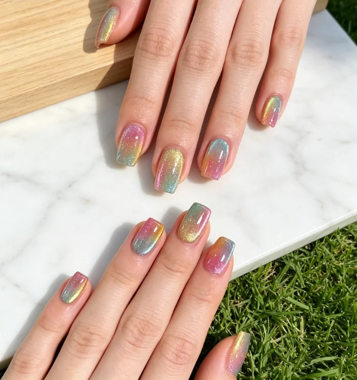Medium Square Rainbow Glitter Gradient Cat Eye Press On Nails Transparent Base Glossy Shimmery Fake Nails Summer Sweet Daily Manicure Decor