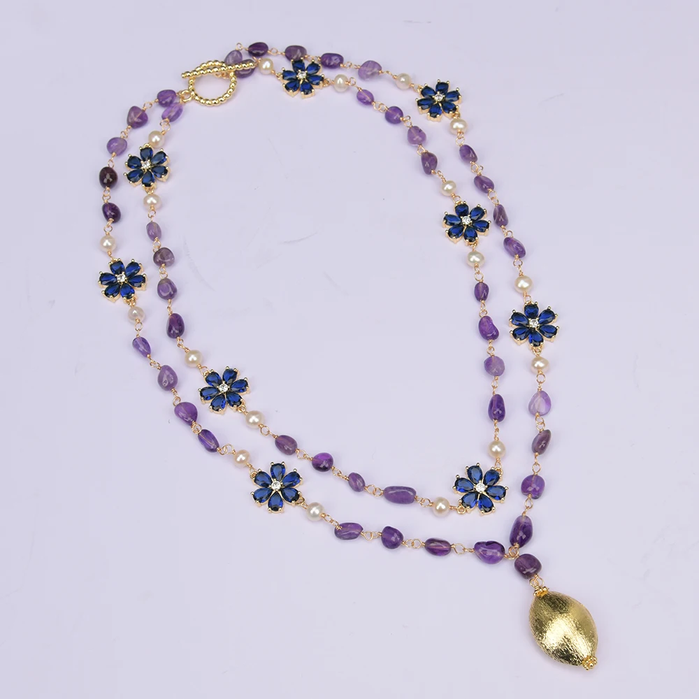 GG 20\'\' 2 Rows Natural White Pearl Purple Amethyst Blue Crystal Flower Crystal Paved Necklace Brushed Bead Pendant