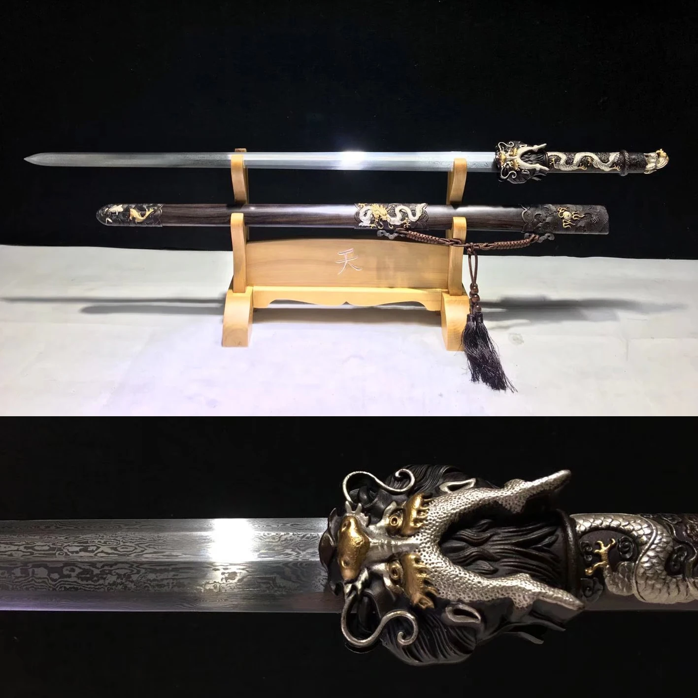 

105cm medieval Damascus steel gilt Silver Dragon King Sword Ninja warrior Kung Fu martial arts weapon sharp katana