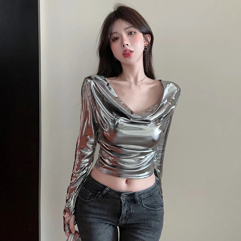 Women Sexy Autumn Vintage Glossy Swing Neck Slim Crop Top Long Sleeve T-Shirt Top Silver