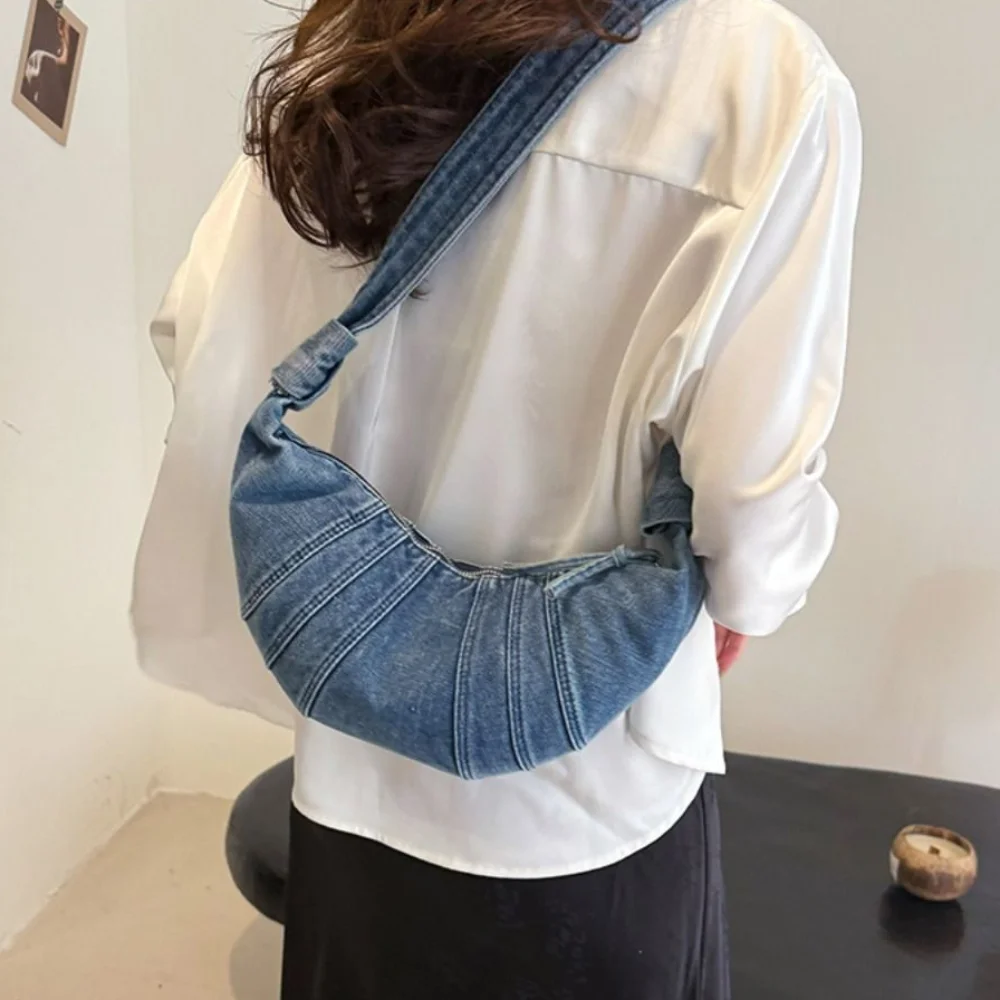 المحمولة خمر الكرواسون حقيبة كروسبودي سعة كبيرة بلون الدنيم حقيبة قماش قنب حقيبة يد عادية الجينز حقيبة قماش قنب في الهواء الطلق #3