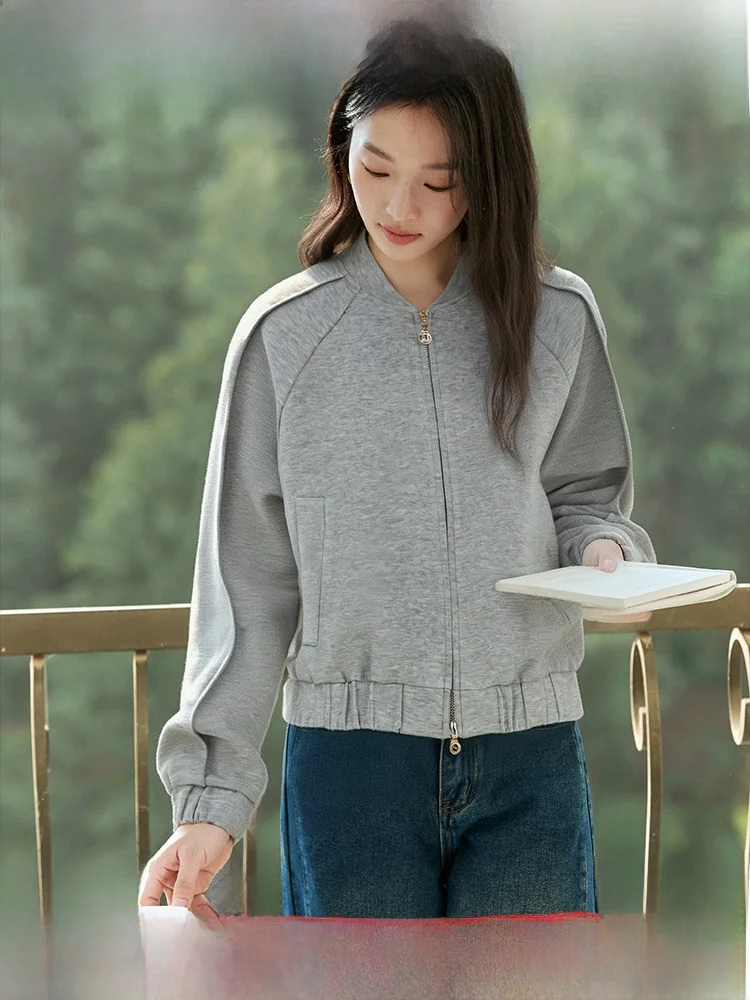 

Casual Style Floral Grey Short Baseball Jacket Women's Spring New Fashion Shoulder Sleeve Insert Design Cotton Blend Jacket