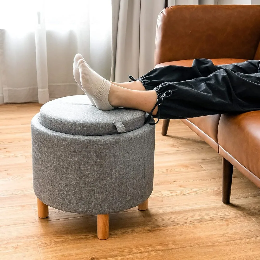 

Round Storage Ottoman with Tray, Accent Storage Footstool w/Soft Padding, Fabric Sitting Stool w/Solid Wood Legs