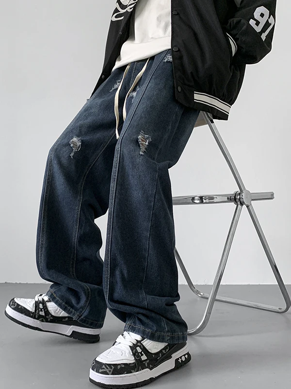 

Retro American High Street Men's Jeans Trendy Loose Straight Leg Washed Drawstring Elastic Waist Wide Leg Pants