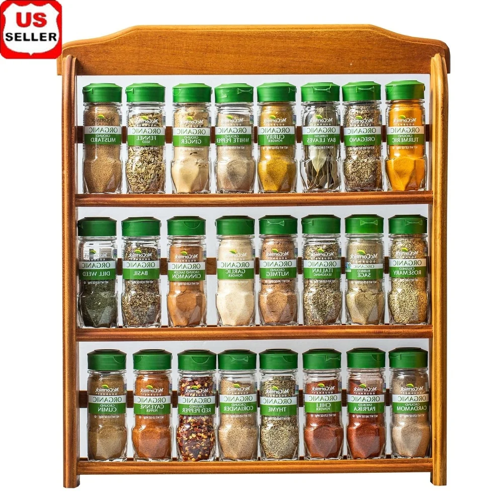 

Three Tier Wooden Spice Rack with 24 Organic Herbs Spices Seasonings Countertop or Wall Mounting Gift Idea