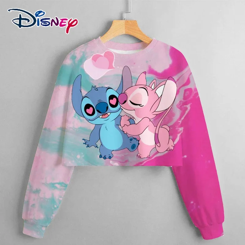 2024 New Disney Spring and Autumn Girls\' Short Sweatshirt Stitch Print Pullover Casual Cartoon Girls\' Dress Top