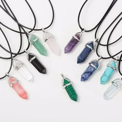 Hexagonal Column Natural Stone Choker Necklaces Vintage Pink Purple Crystal Pendent Necklace for Women Leather Chain Jewelry
