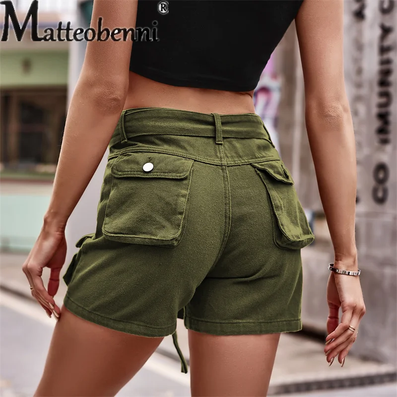 2023 Summer New Mid-waist Lace-up Denim Overalls Female Fashion Casual Streetwear Loose Splicing Pocket Women Solid Color Shorts