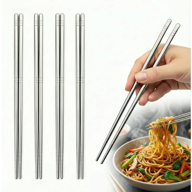 1/2/5 Pair Stainless Steel Non-slip Sushi Chopsticks Household Round Metal Chopsticks Reusable Kitchen Tableware Set