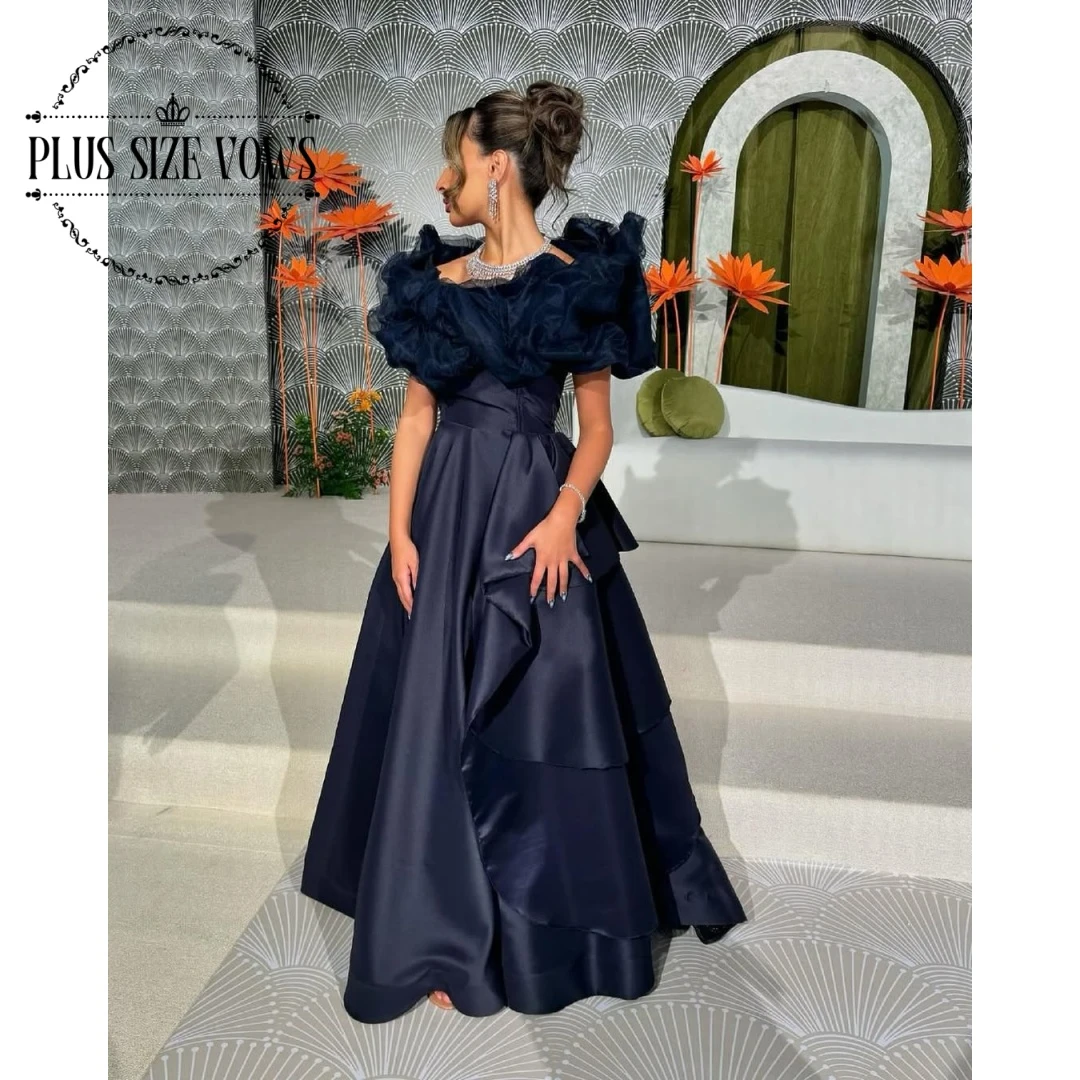 

Plus Size Vows Customized Navy Blue Satin Women's Evening Dresses Arabic Party Dress Off The Shoulder A Line Elegant Prom Gowns