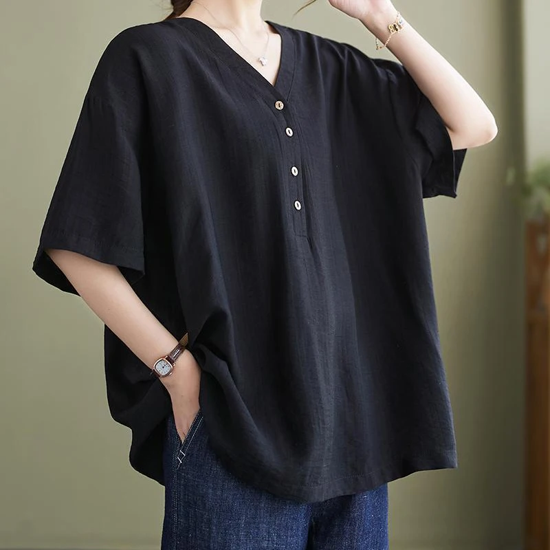 Women Summer Simple Casual Vintage Oversize Short Sleeve T-shirt Y2K Trendy V Neck Short Sleeve Solid Tunic Tops Ropa Para Mujer